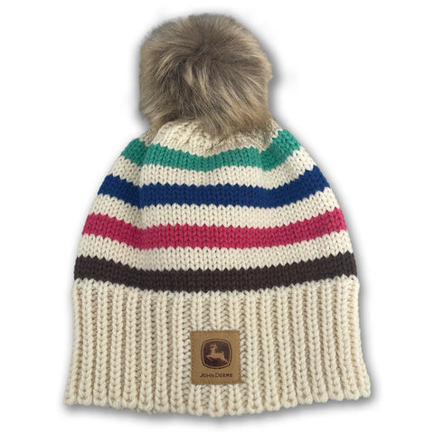 Woman's Ivory Knit Patch Striped Beanie